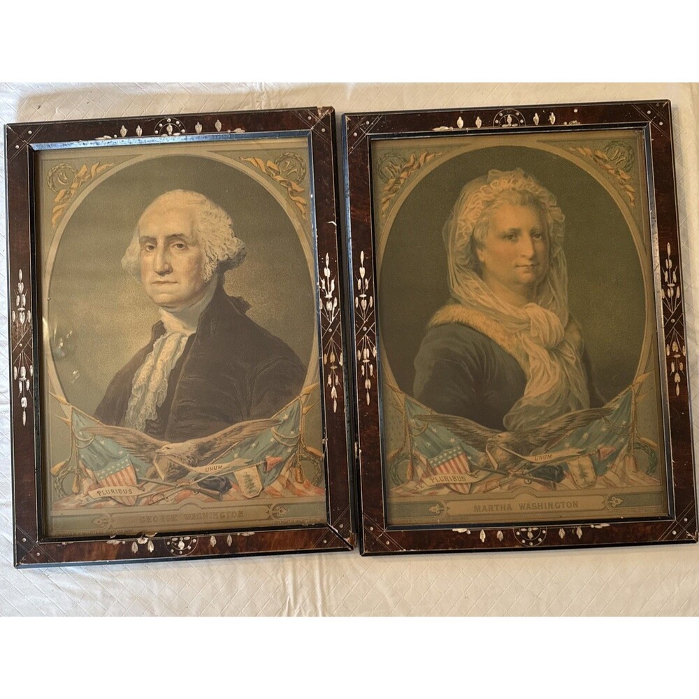 George & Martha Washington Chromolithographs Antique Framed Pair H Hallett 1880